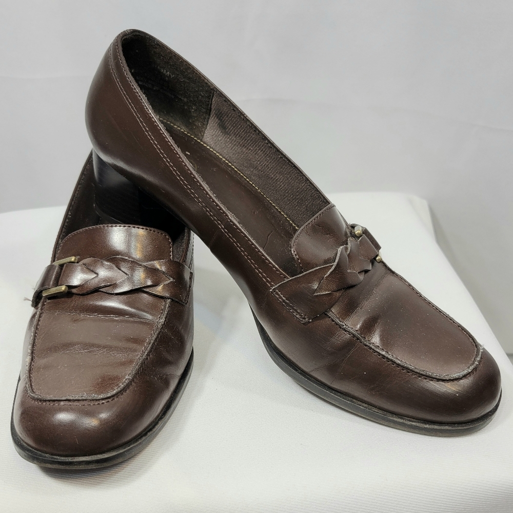 Life Stride Brown Faux Leather Jimmy Loafers Braided Saddle Accent Size 7.5M